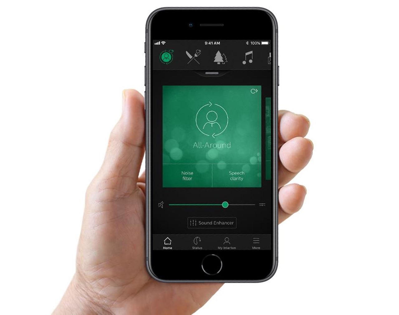 Hand holding an iPhone with the hearing aid app Interton Sound,